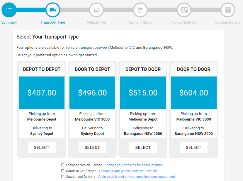 Select vehicle transport type booking process